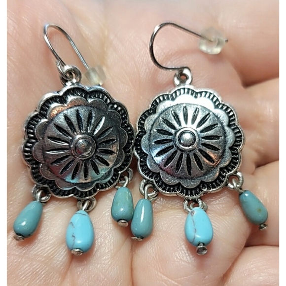 Silver tone Concho Pierced Dangle Earrings - Picture 3 of 4